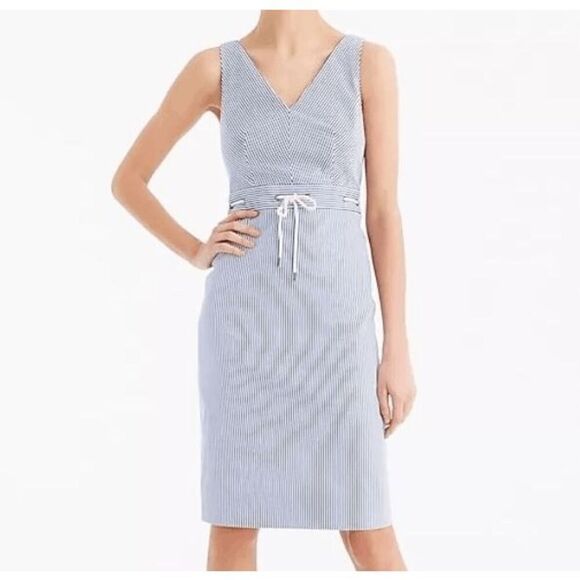 J Crew Women's V-Neck Dress Seersucker Stretch White Blue size 6 Tall - Picture 1 of 8